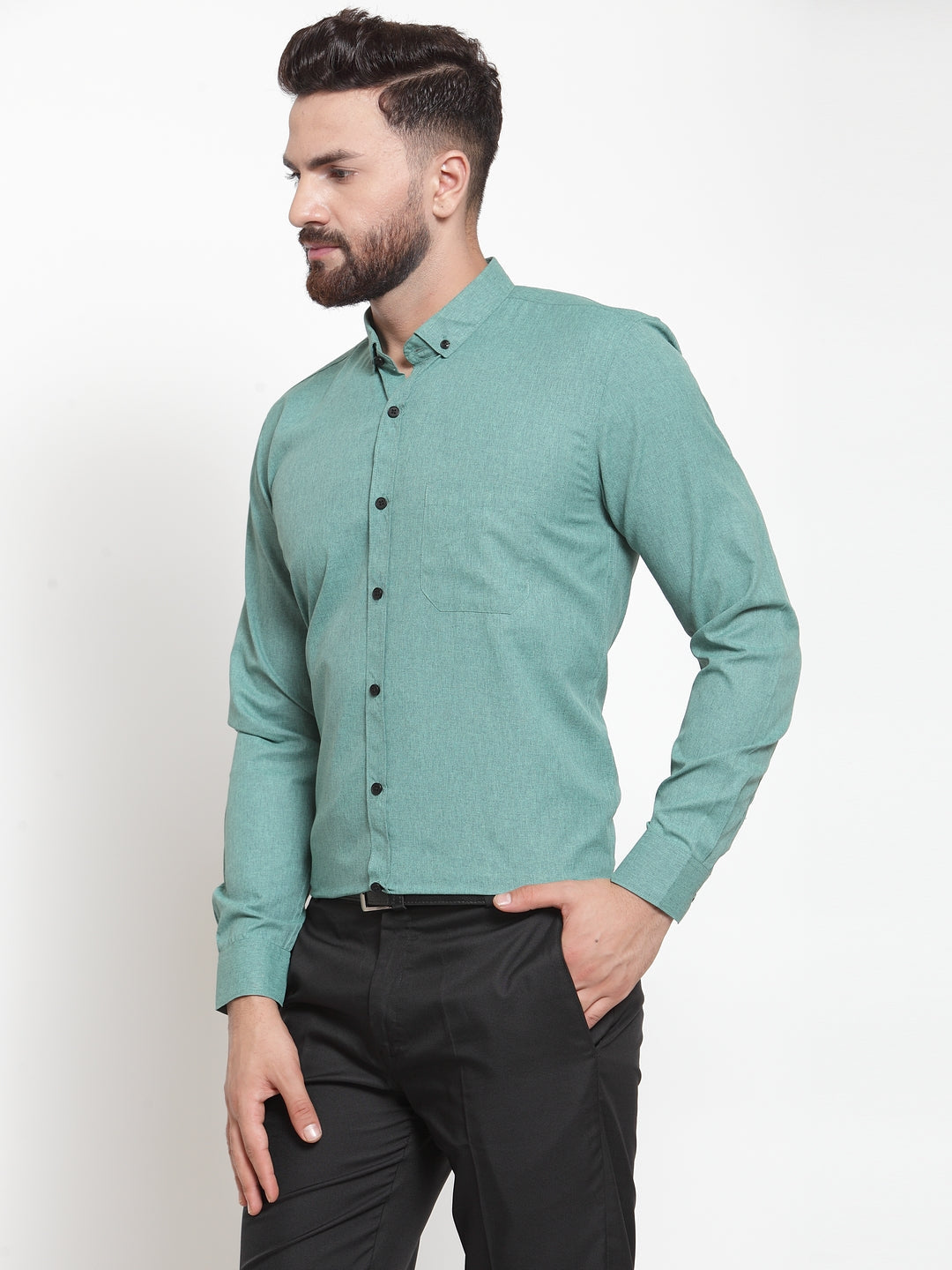 Men's Green Cotton Solid Button Down Formal Shirts ( SF 734Green ) - Jainish