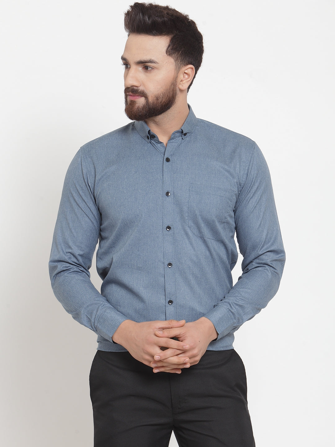 Men's Grey Cotton Solid Button Down Formal Shirts ( SF 734Grey ) - Jainish