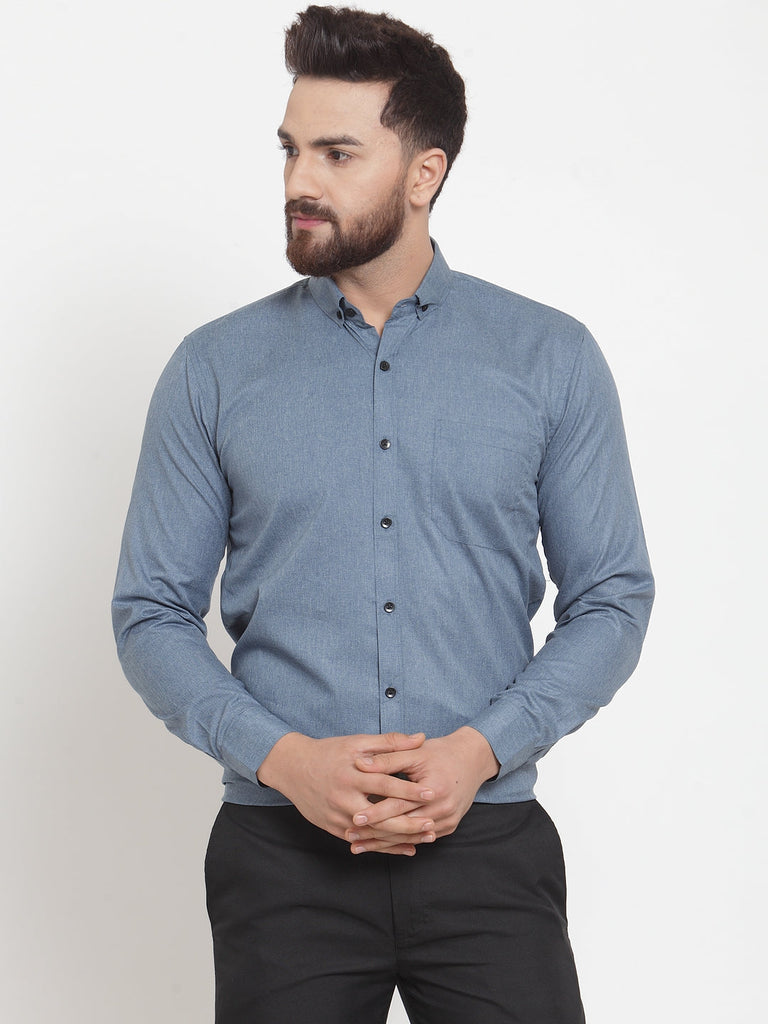 Men's Grey Cotton Solid Button Down Formal Shirts ( SF 734Grey )