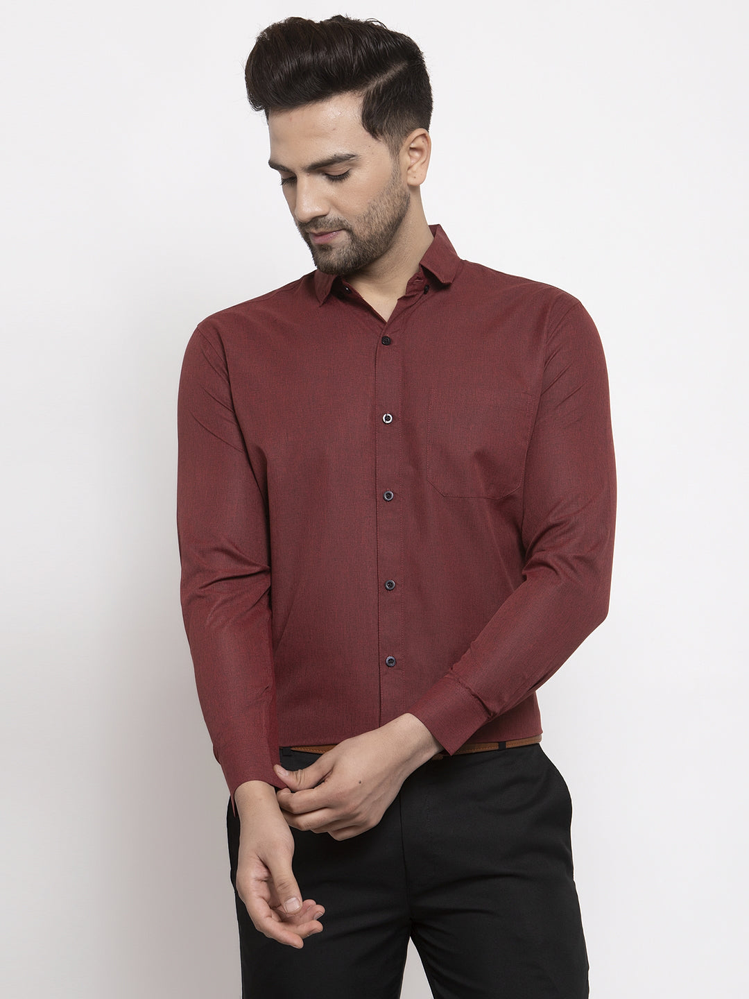 Men's Maroon Cotton Solid Button Down Formal Shirts ( SF 734Maroon ) - Jainish