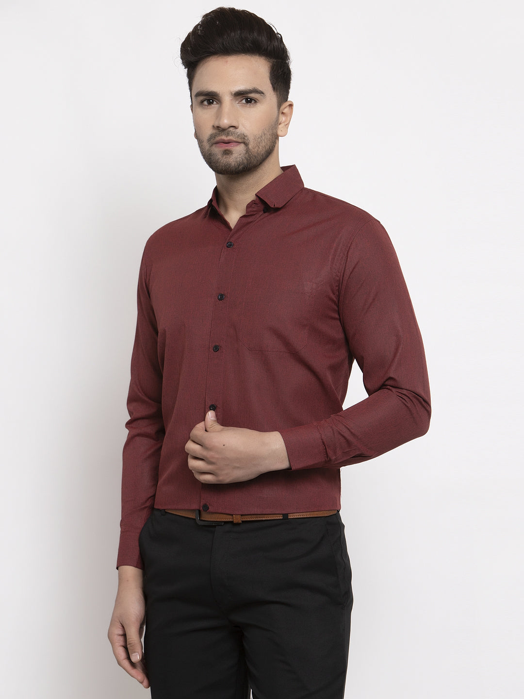 Men's Maroon Cotton Solid Button Down Formal Shirts ( SF 734Maroon ) - Jainish