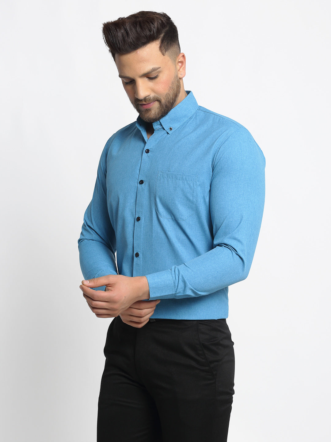 Men's Blue Cotton Solid Button Down Formal Shirts ( SF 734Sky ) - Jainish