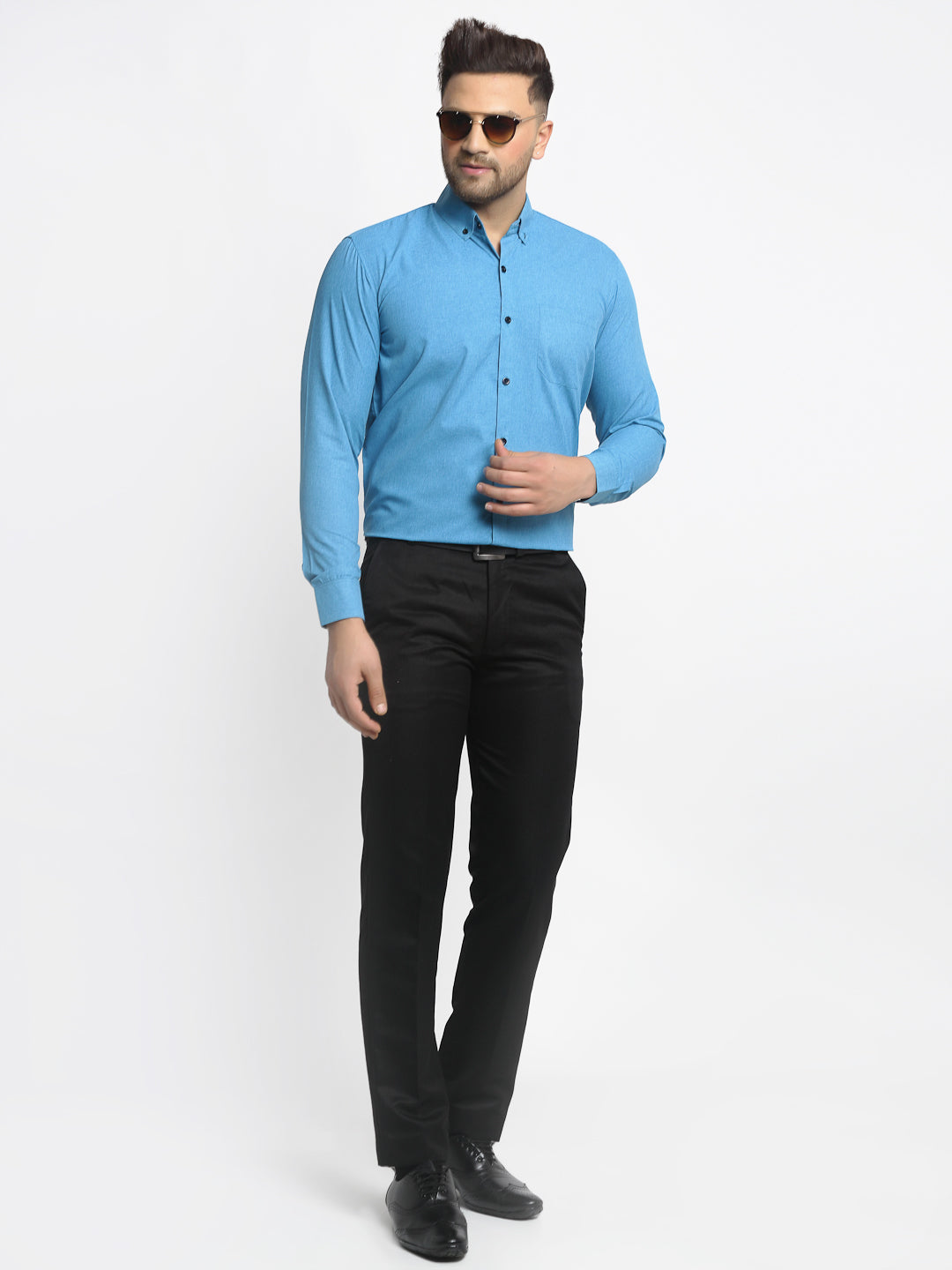 Men's Blue Cotton Solid Button Down Formal Shirts ( SF 734Sky ) - Jainish