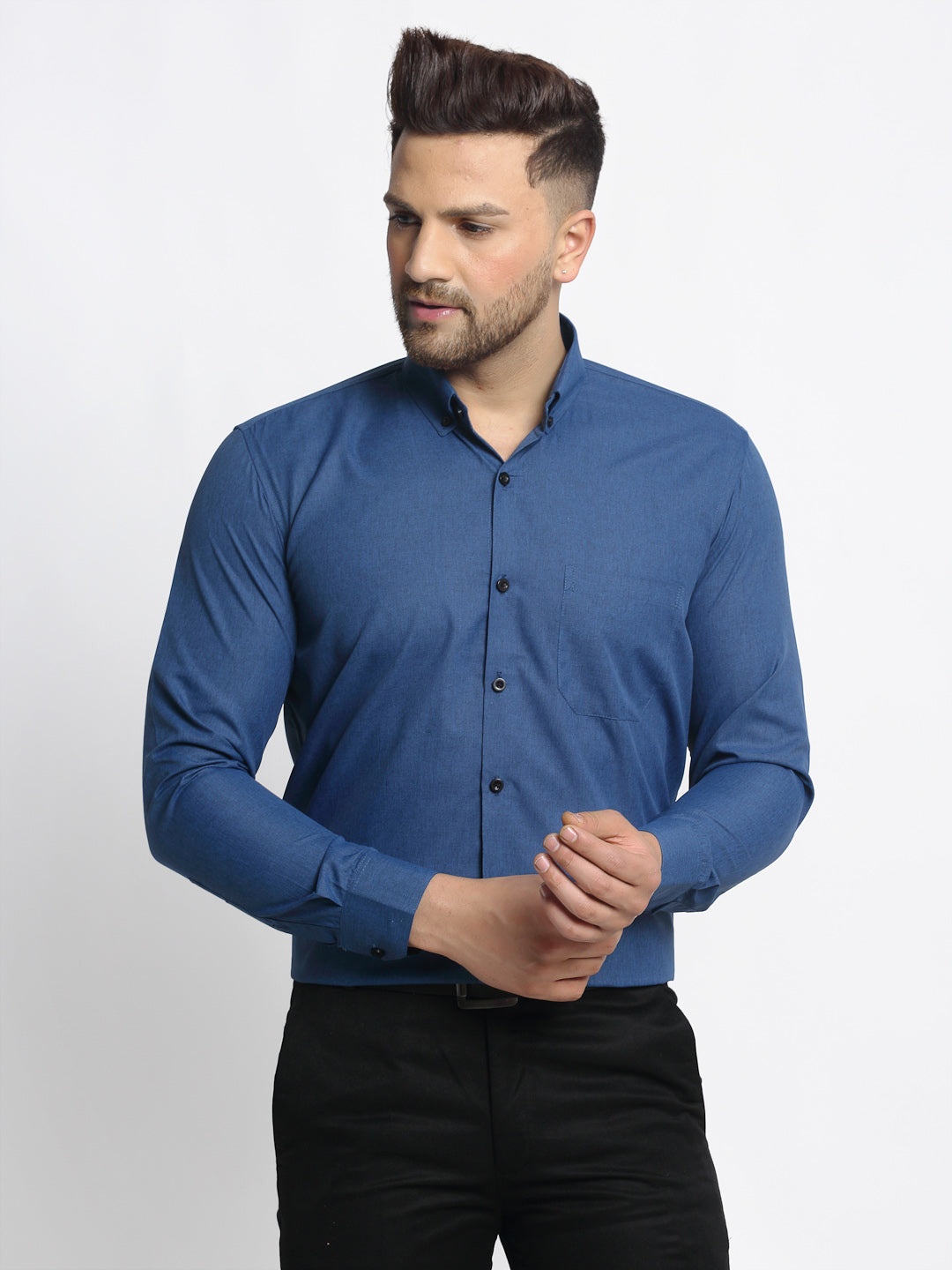 Men's Navy Cotton Solid Button Down Formal Shirts ( SF 734Teal ) - Jainish