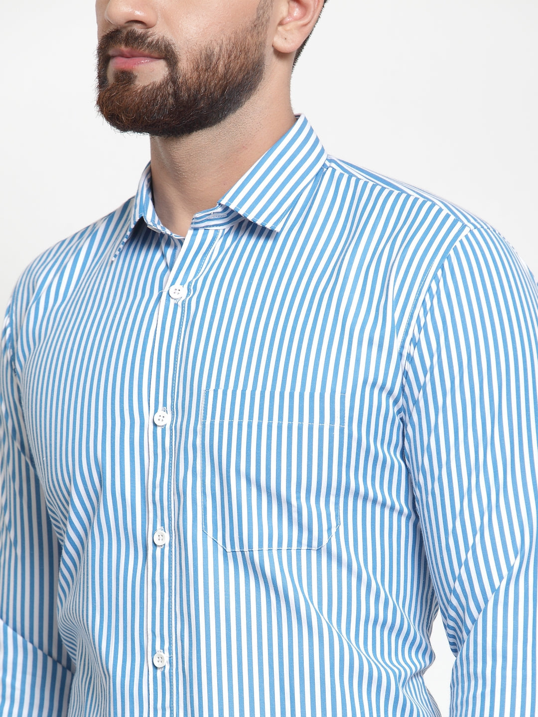 Men's Blue Cotton Striped Formal Shirts ( SF 735Sky ) - Jainish