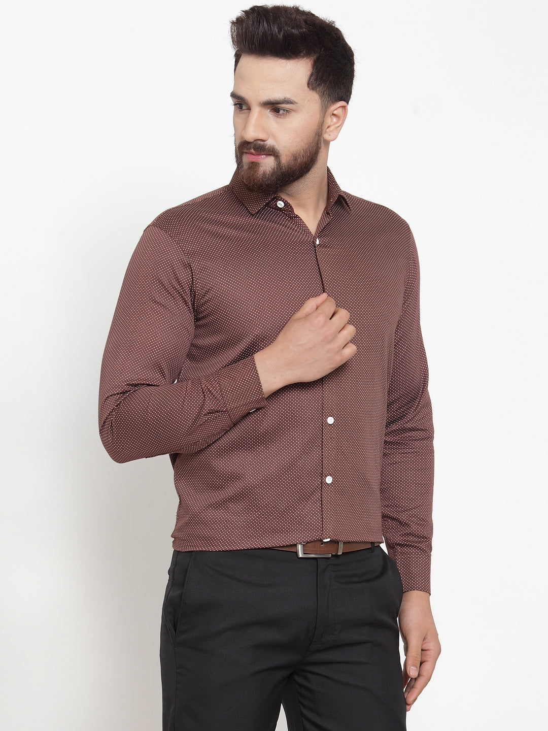 Men's Brown Cotton Polka Dots Formal Shirts ( SF 736Coffee ) - Jainish