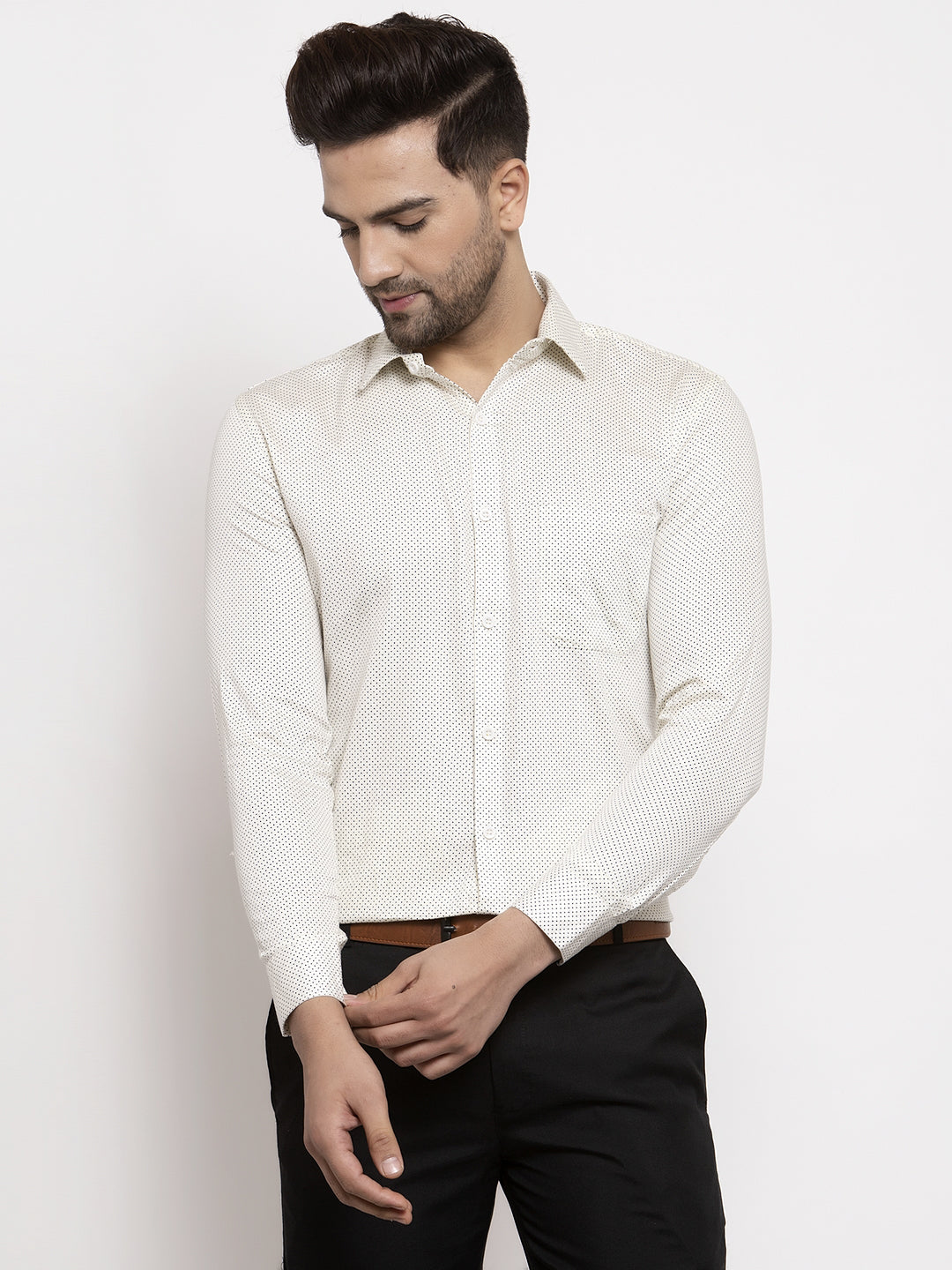Men's Cream Cotton Polka Dots Formal Shirts ( SF 736Cream ) - Jainish