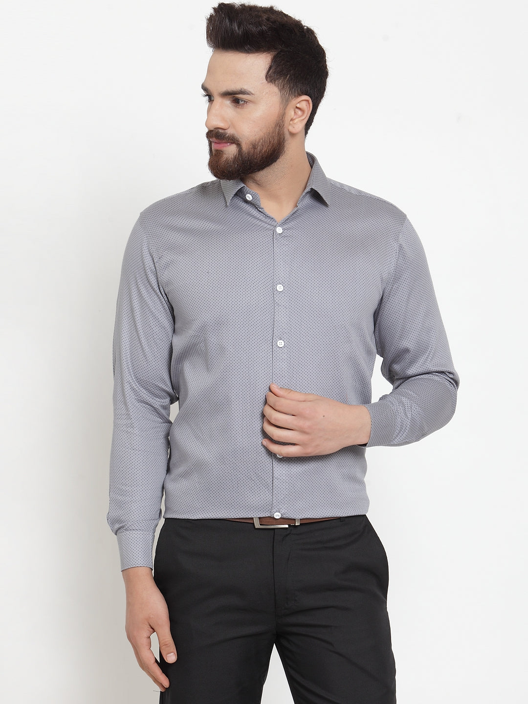 Men's Grey Cotton Polka Dots Formal Shirts ( SF 736Grey ) - Jainish