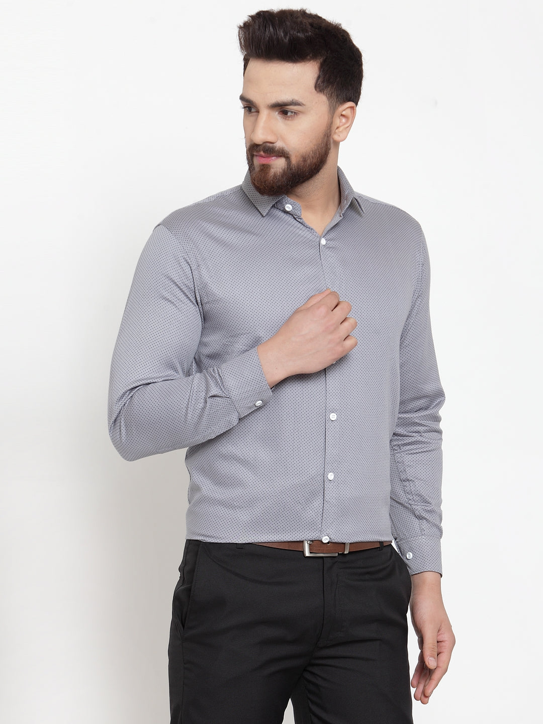 Men's Grey Cotton Polka Dots Formal Shirts ( SF 736Grey ) - Jainish