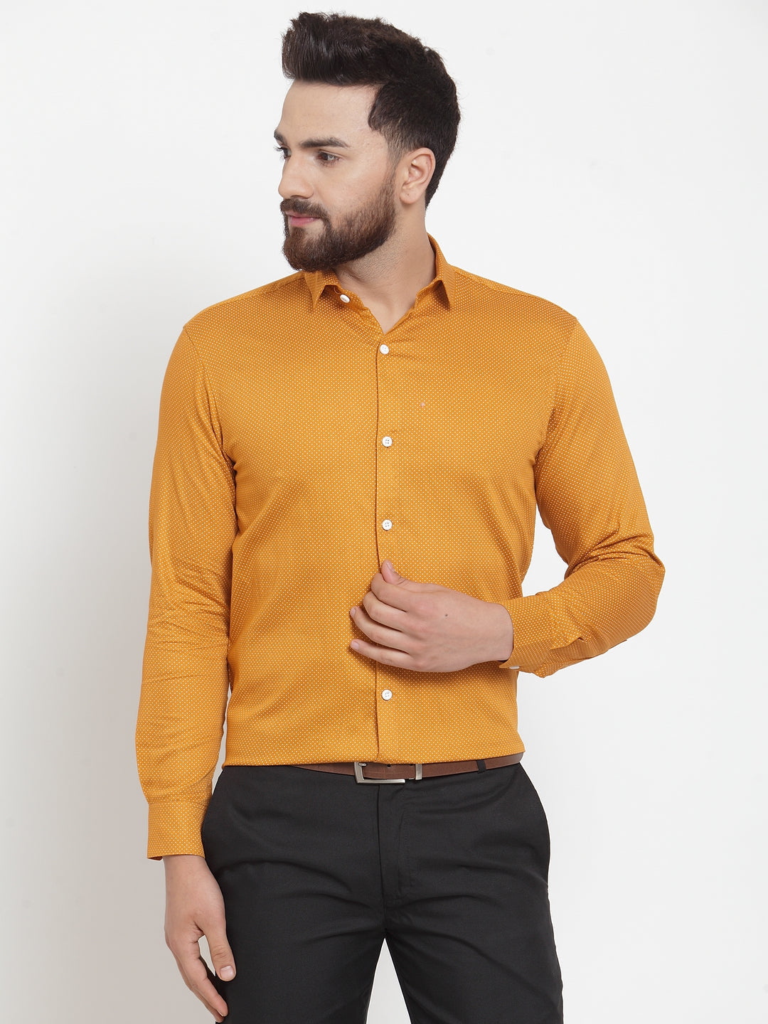 Men's Yellow Cotton Polka Dots Formal Shirts ( SF 736Mustard ) - Jainish