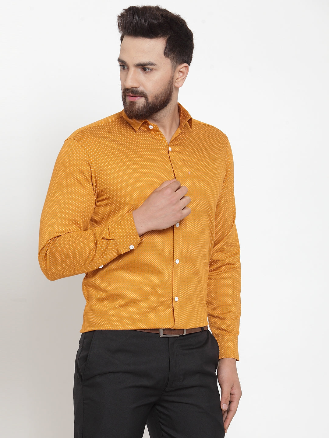 Men's Yellow Cotton Polka Dots Formal Shirts ( SF 736Mustard ) - Jainish
