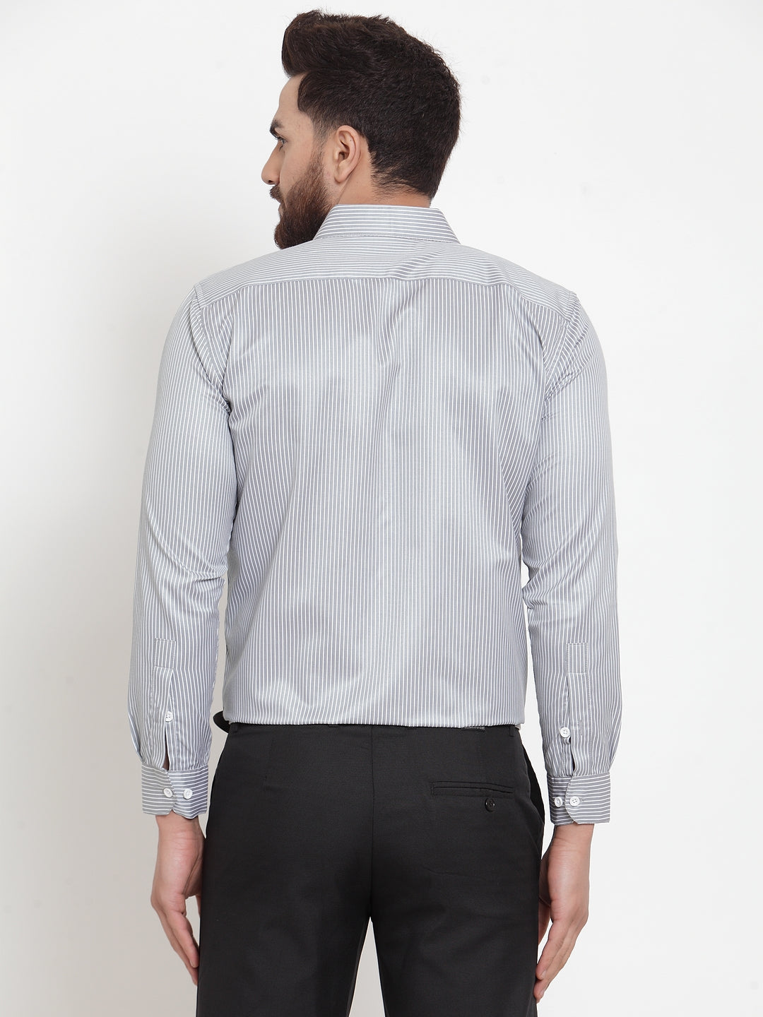 Men's Grey Cotton Stiped Formal Shirts ( SF 737Grey ) - Jainish