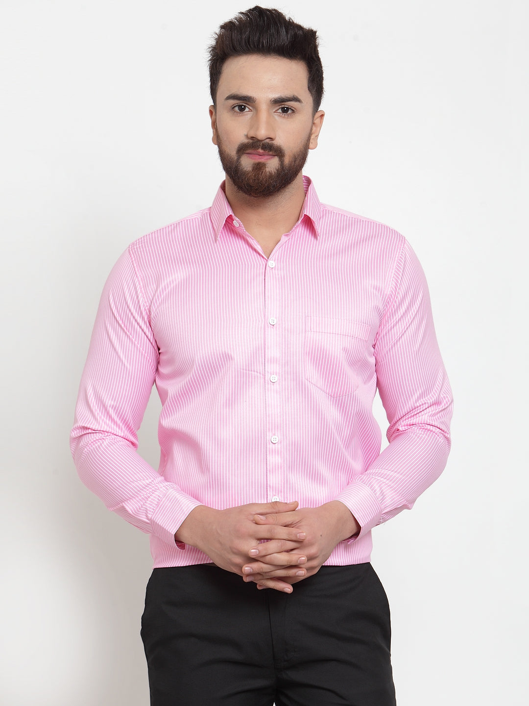 Men's Pink Cotton Stiped Formal Shirts ( SF 737Pink ) - Jainish