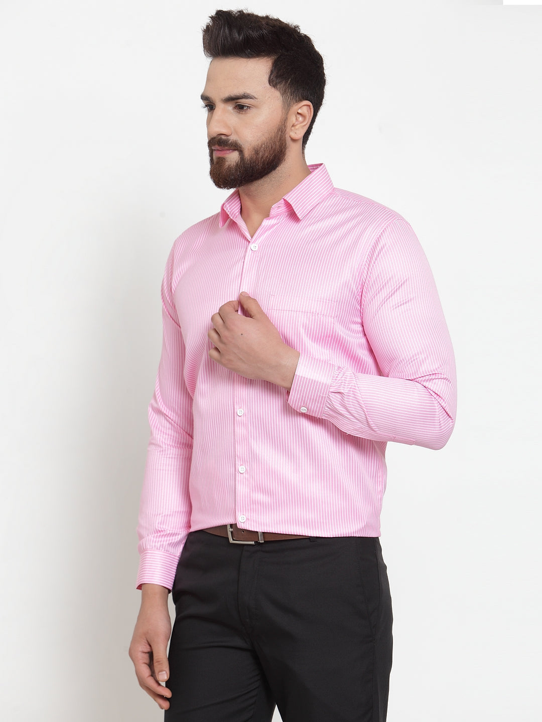 Men's Pink Cotton Stiped Formal Shirts ( SF 737Pink ) - Jainish