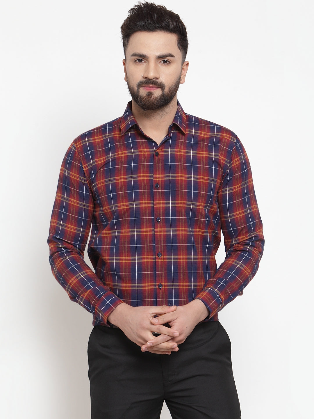 Men's Multi Cotton Checked Formal Shirts ( SF 741Blue-Red ) - Jainish