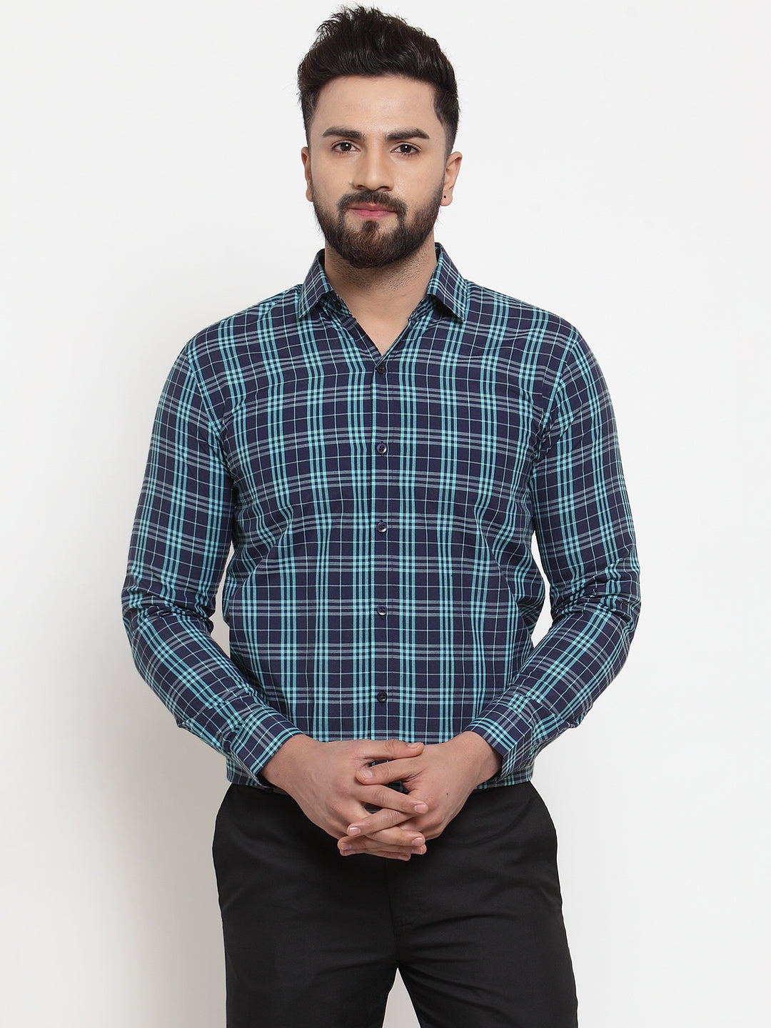 Men's Green Cotton Checked Formal Shirts ( SF 741Green ) - Jainish