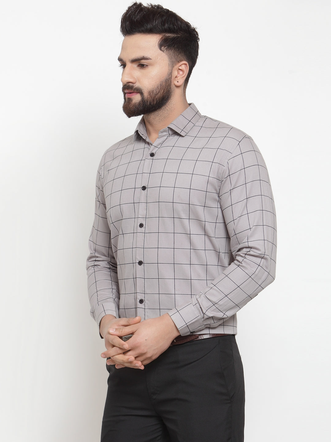 Men's Grey Cotton Checked Formal Shirts ( SF 742Grey ) - Jainish