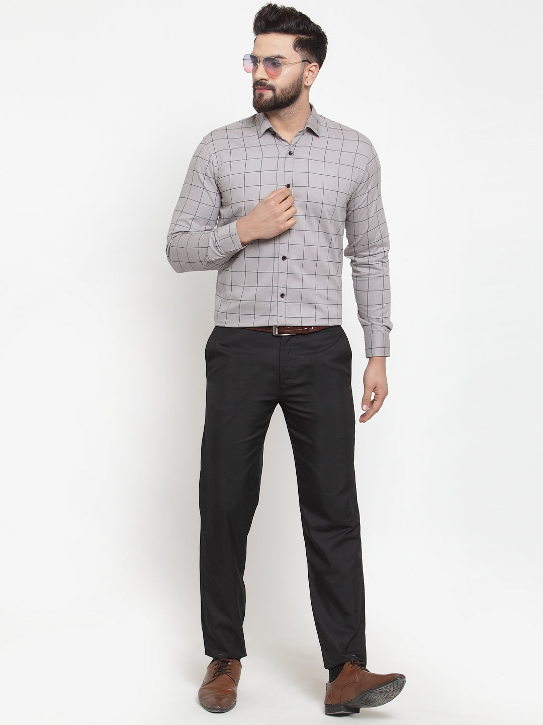 Men's Grey Cotton Checked Formal Shirts ( SF 742Grey ) - Jainish
