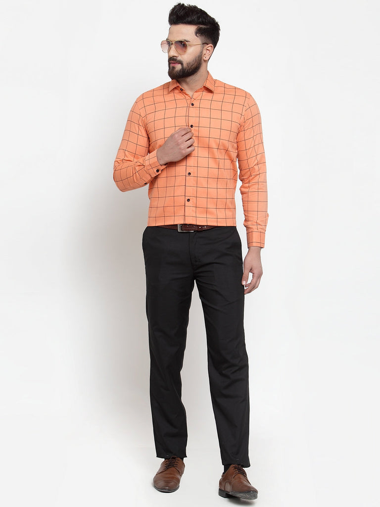 Men's Orange Cotton Checked Formal Shirts ( SF 742Orange )