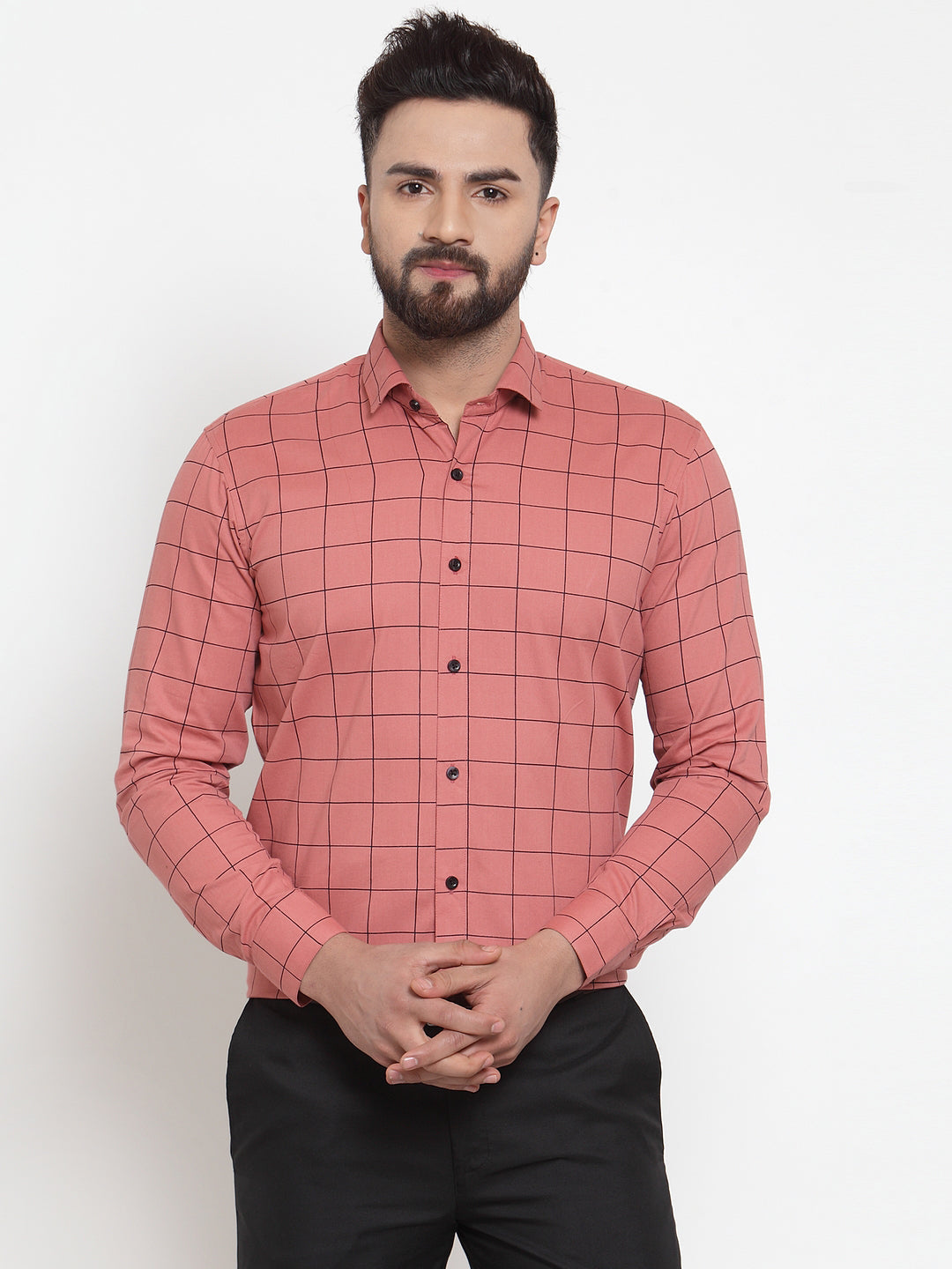 Men's Peach Cotton Checked Formal Shirts ( SF 742Peach ) - Jainish
