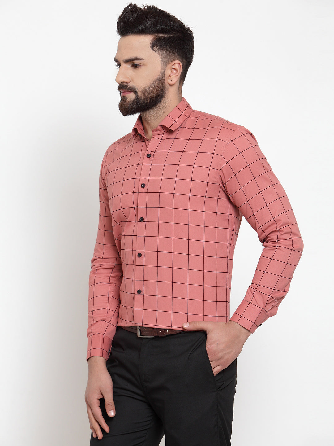 Men's Peach Cotton Checked Formal Shirts ( SF 742Peach ) - Jainish
