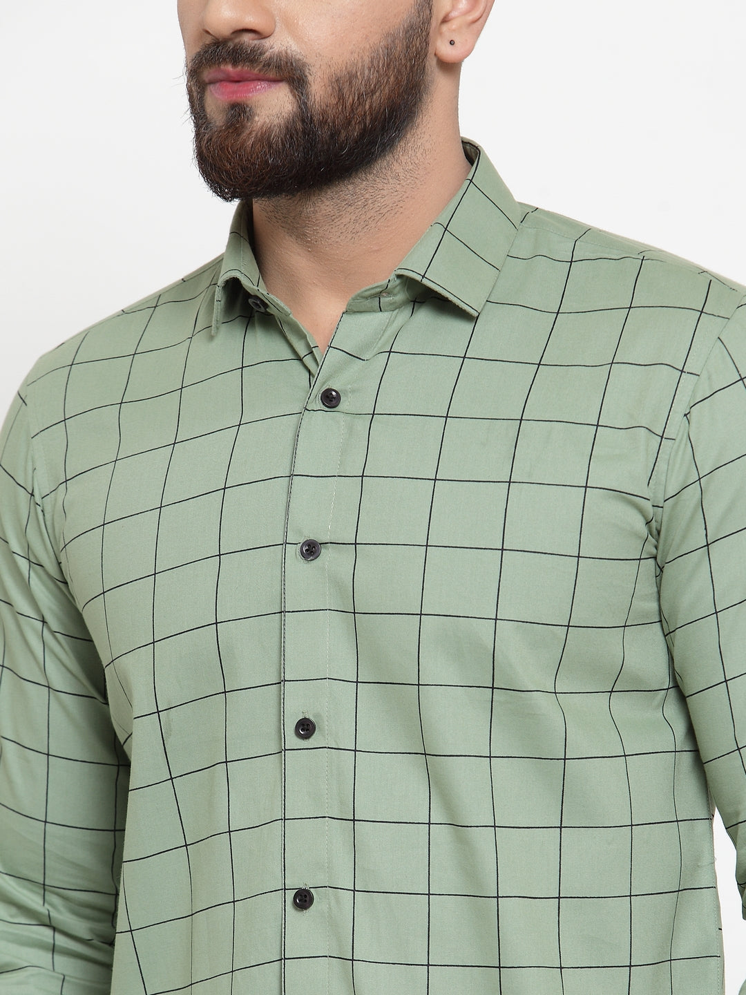 Men's Green Cotton Checked Formal Shirts ( SF 742Pista ) - Jainish