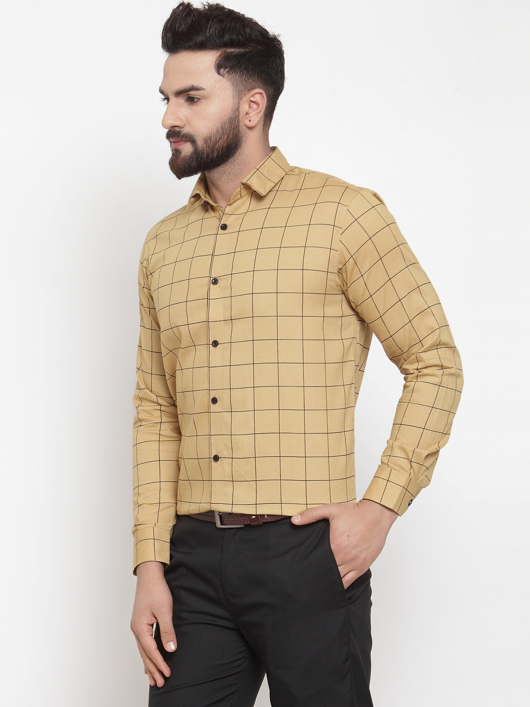 Men's Beige Cotton Checked Formal Shirts ( SF 742Rust ) - Jainish