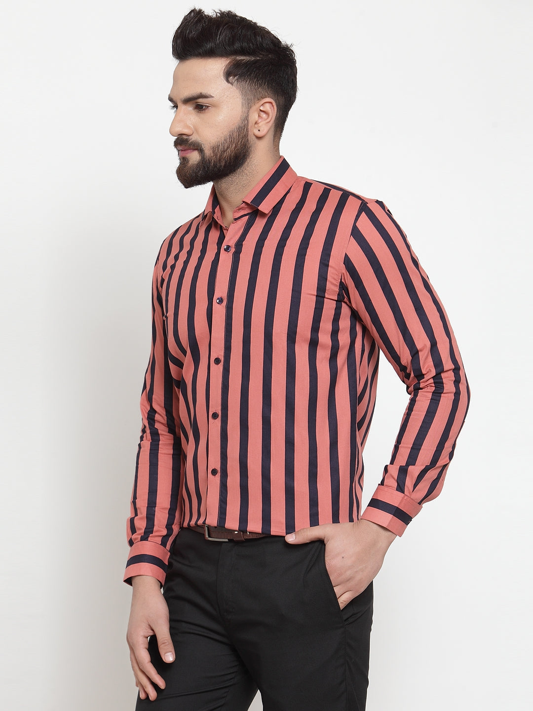 Men's Red Cotton Striped Formal Shirts ( SF 744Coral ) - Jainish