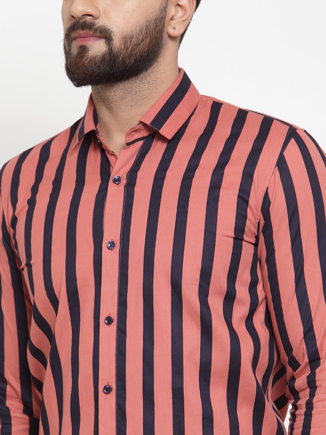 Men's Red Cotton Striped Formal Shirts ( SF 744Coral ) - Jainish