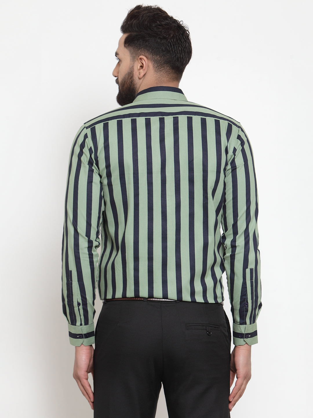 Men's Green Cotton Striped Formal Shirts ( SF 744Green ) - Jainish