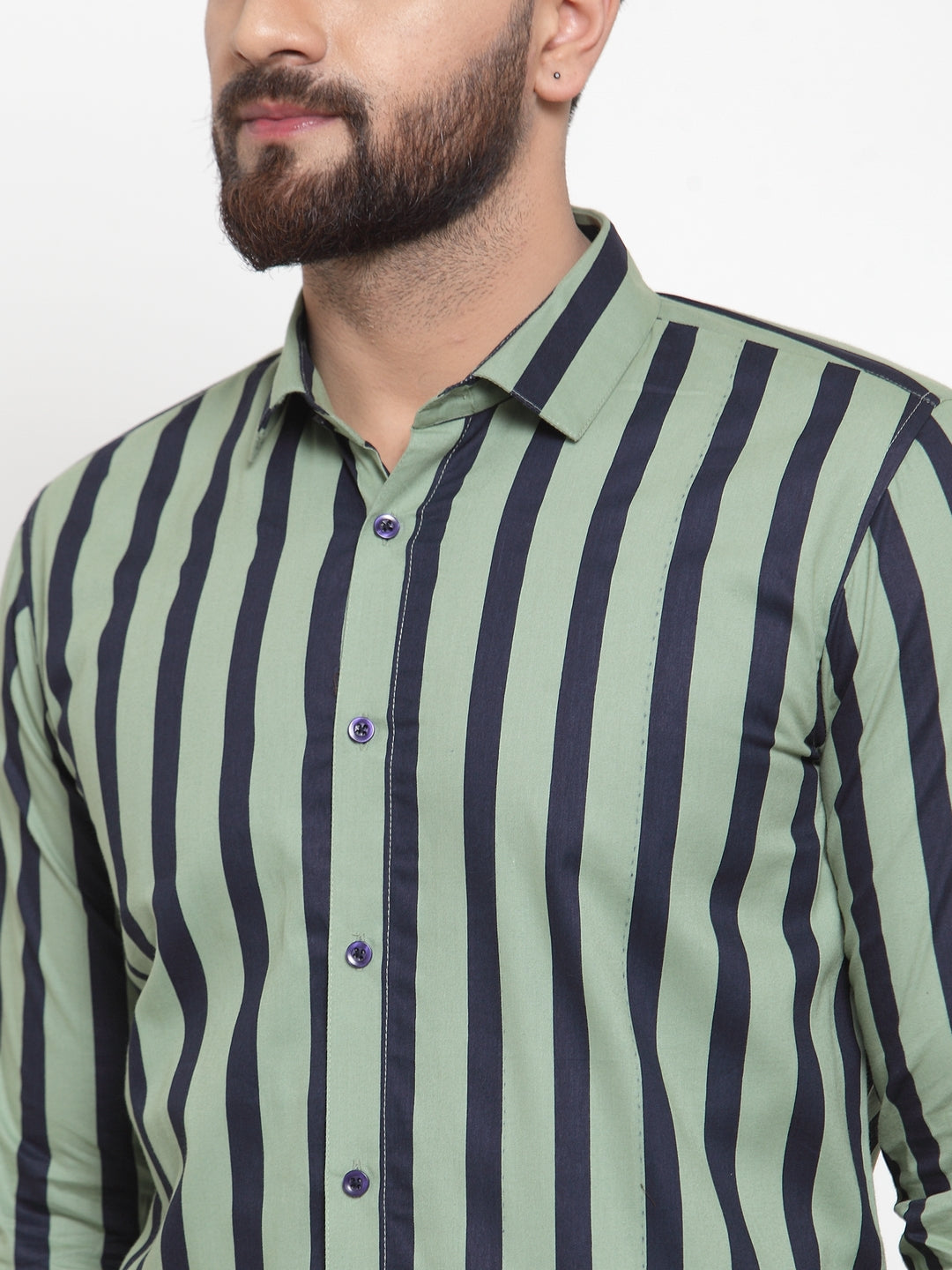 Men's Green Cotton Striped Formal Shirts ( SF 744Green ) - Jainish