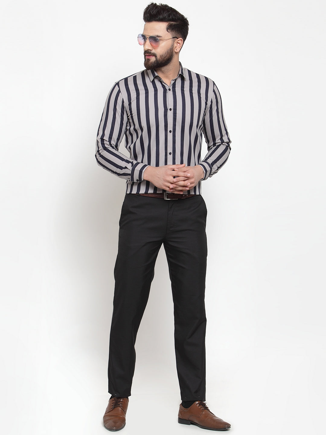 Men's Grey Cotton Striped Formal Shirts ( SF 744Grey ) - Jainish