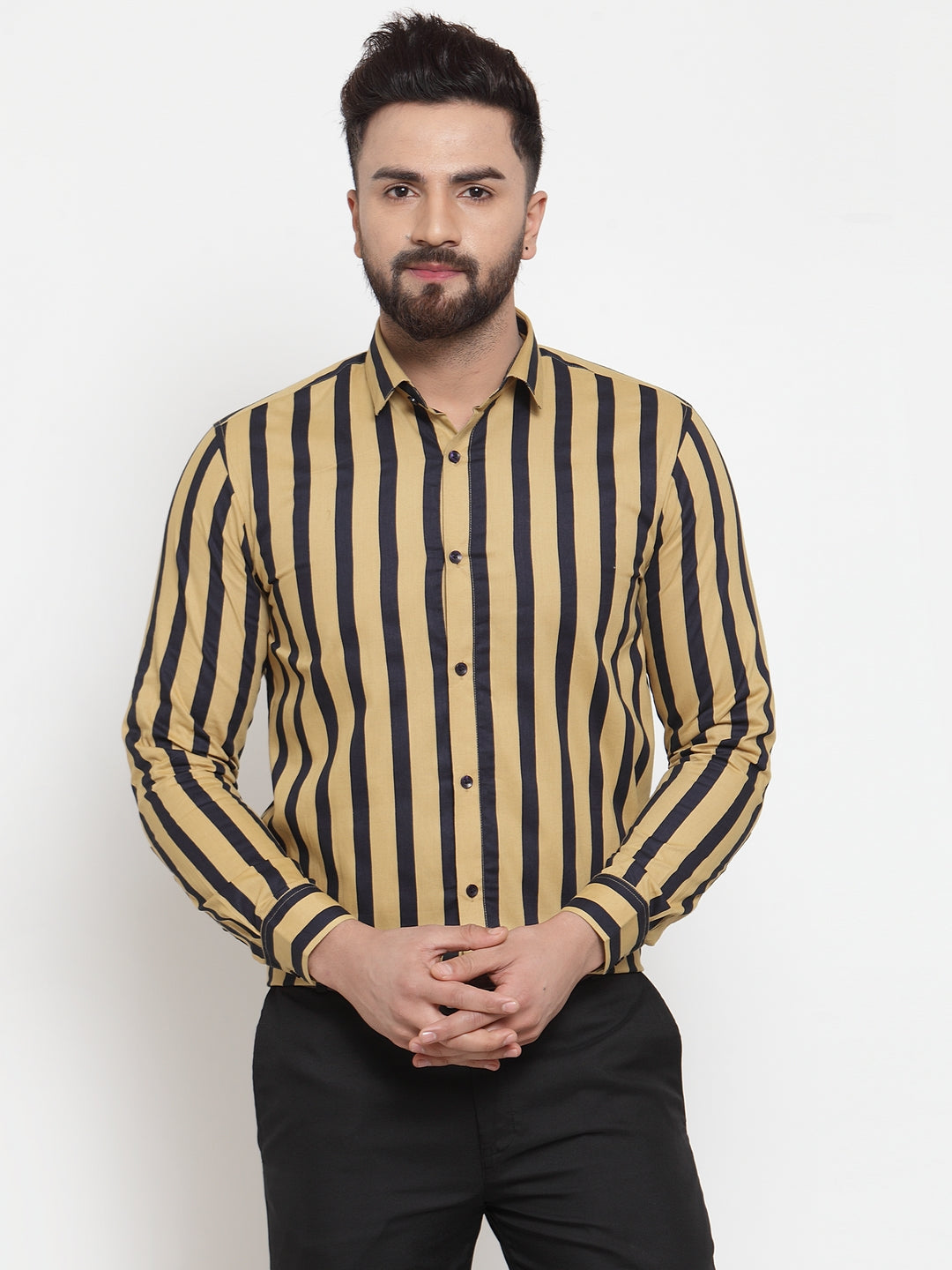 Men's Yellow Cotton Striped Formal Shirts ( SF 744Mustard ) - Jainish