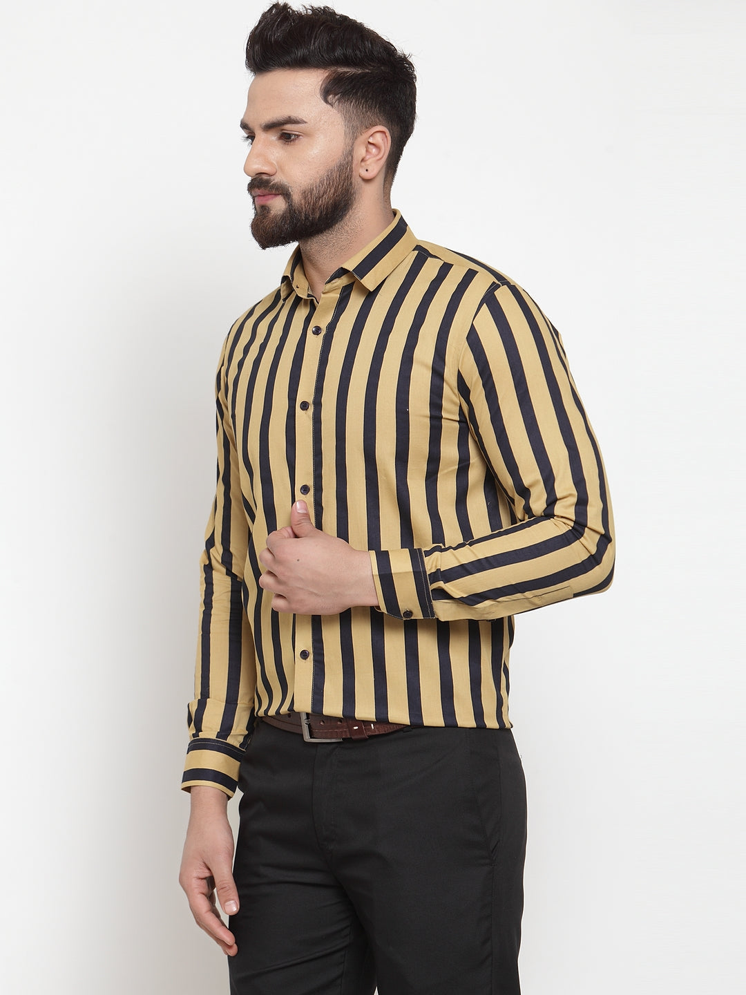 Men's Yellow Cotton Striped Formal Shirts ( SF 744Mustard ) - Jainish