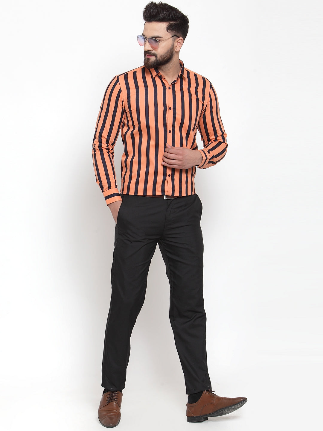 Men's Orange Cotton Striped Formal Shirts ( SF 744Orange ) - Jainish