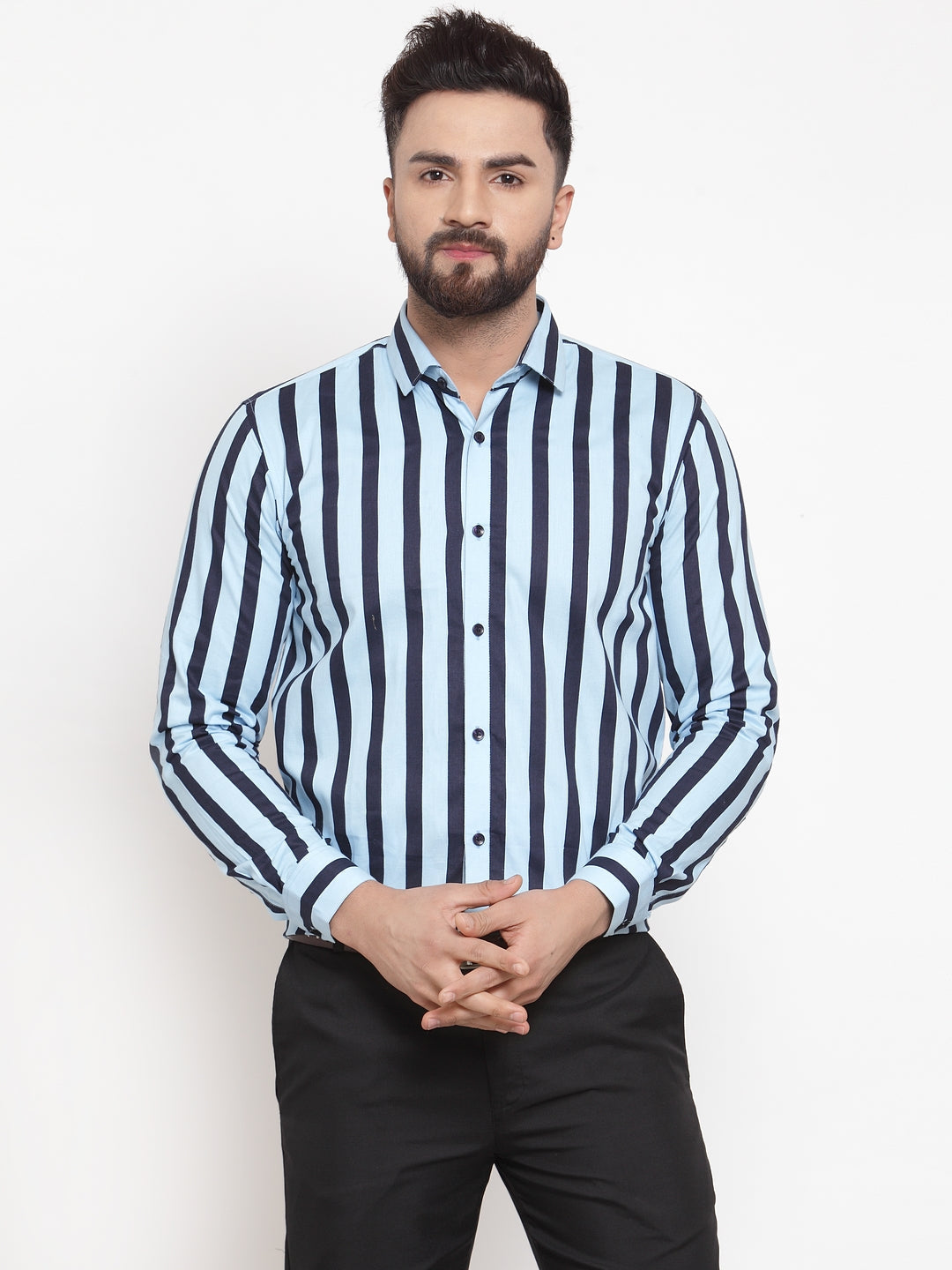 Men's Blue Cotton Striped Formal Shirts ( SF 744Sky ) - Jainish