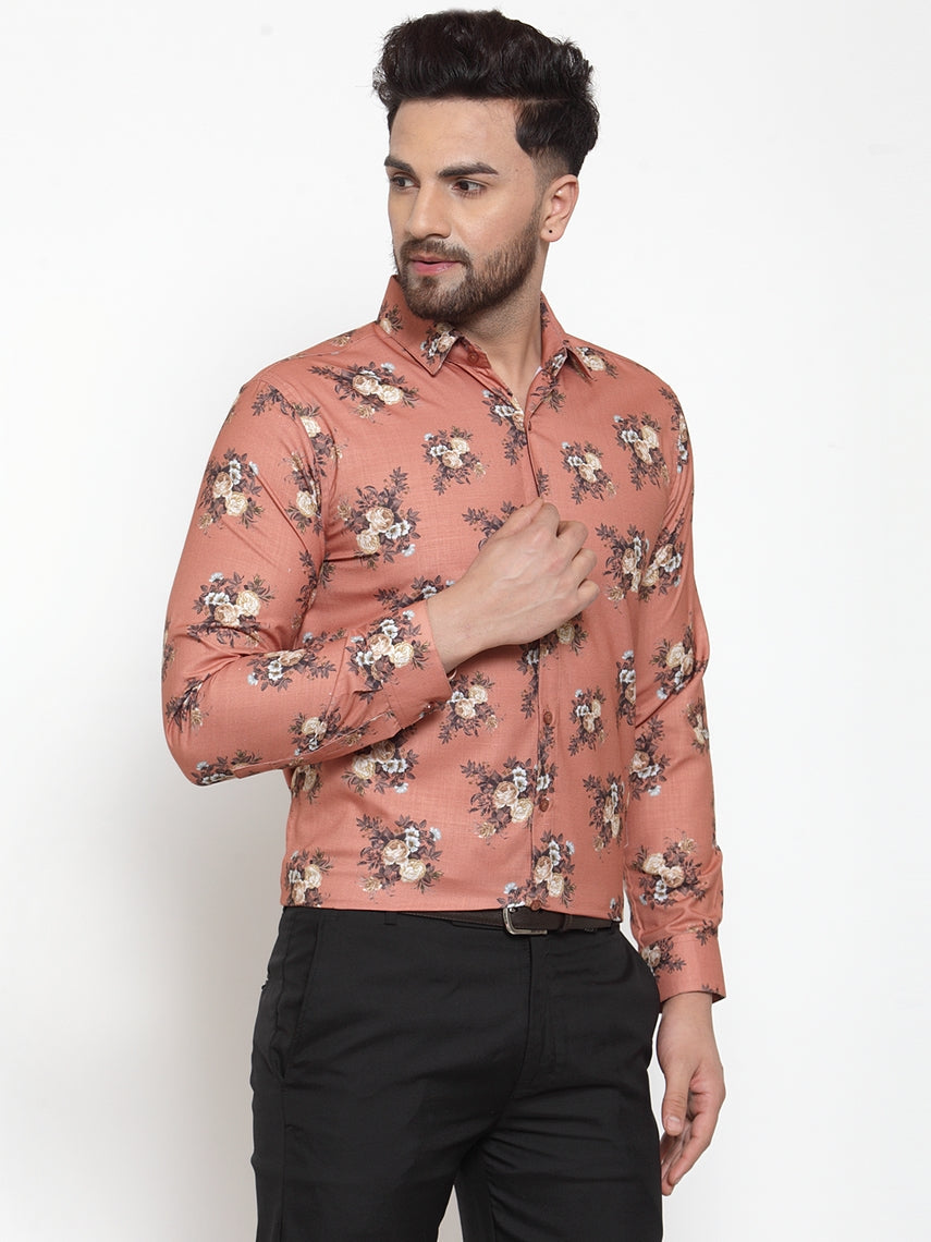 Men's Brown Cotton Printed Formal Shirt's ( SF 745Rust ) - Jainish