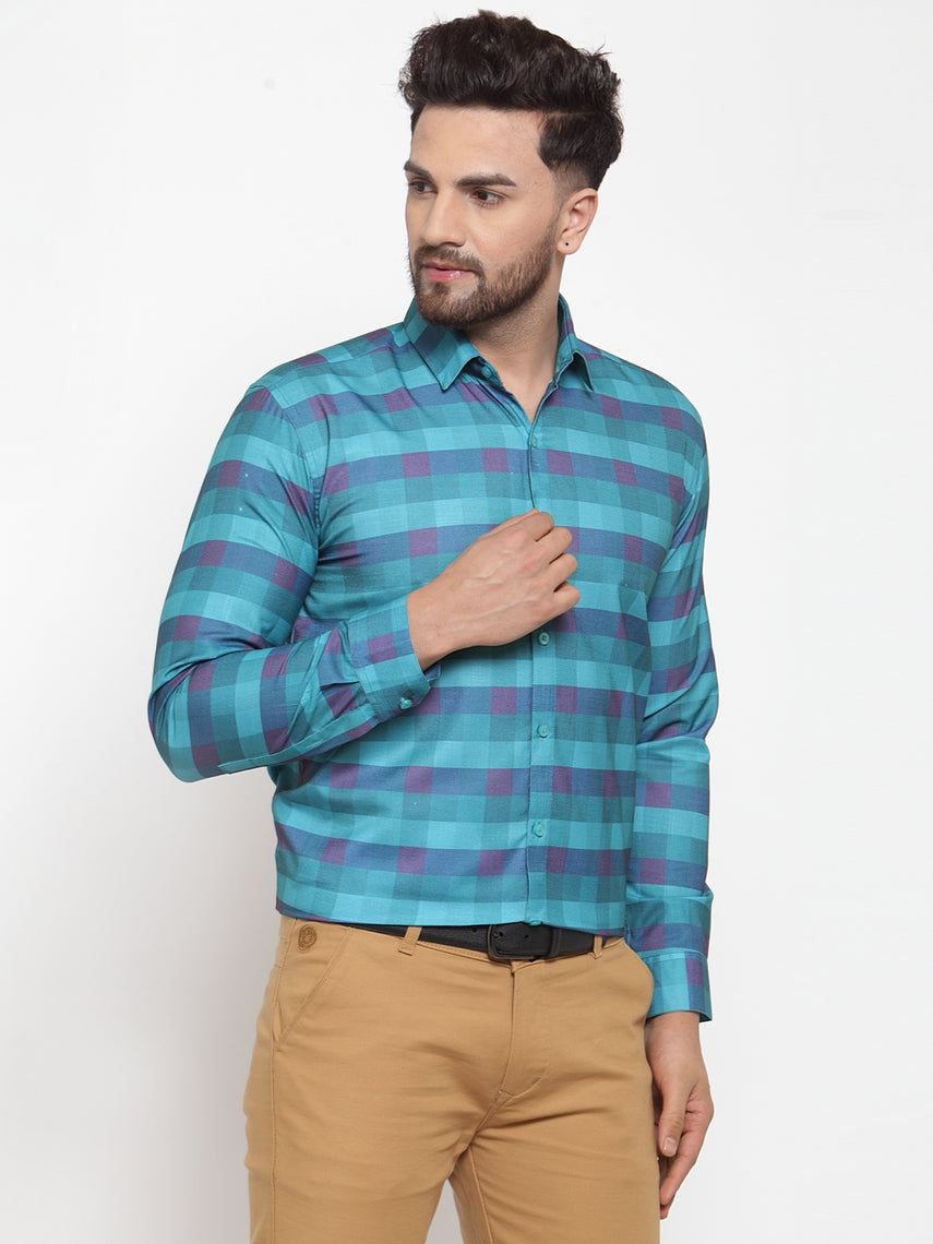Men's Blue Cotton Checked Formal Shirt's ( SF 746Sky ) - Jainish