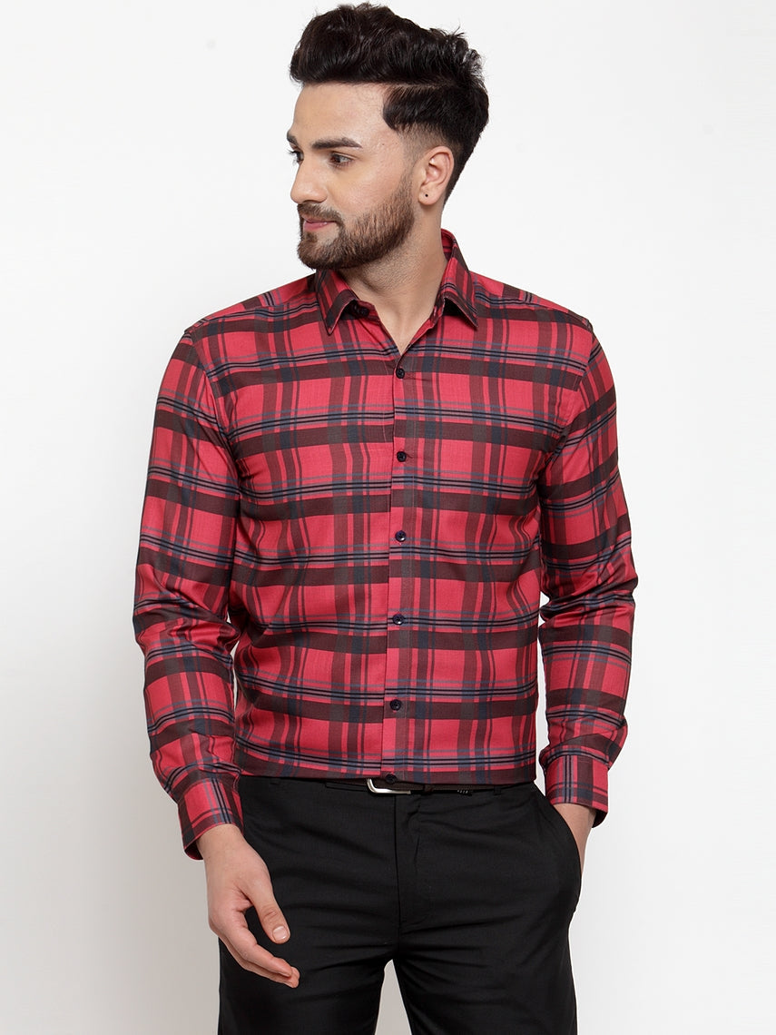 Men's Red Cotton Checked Formal Shirt's ( SF 750Red ) - Jainish
