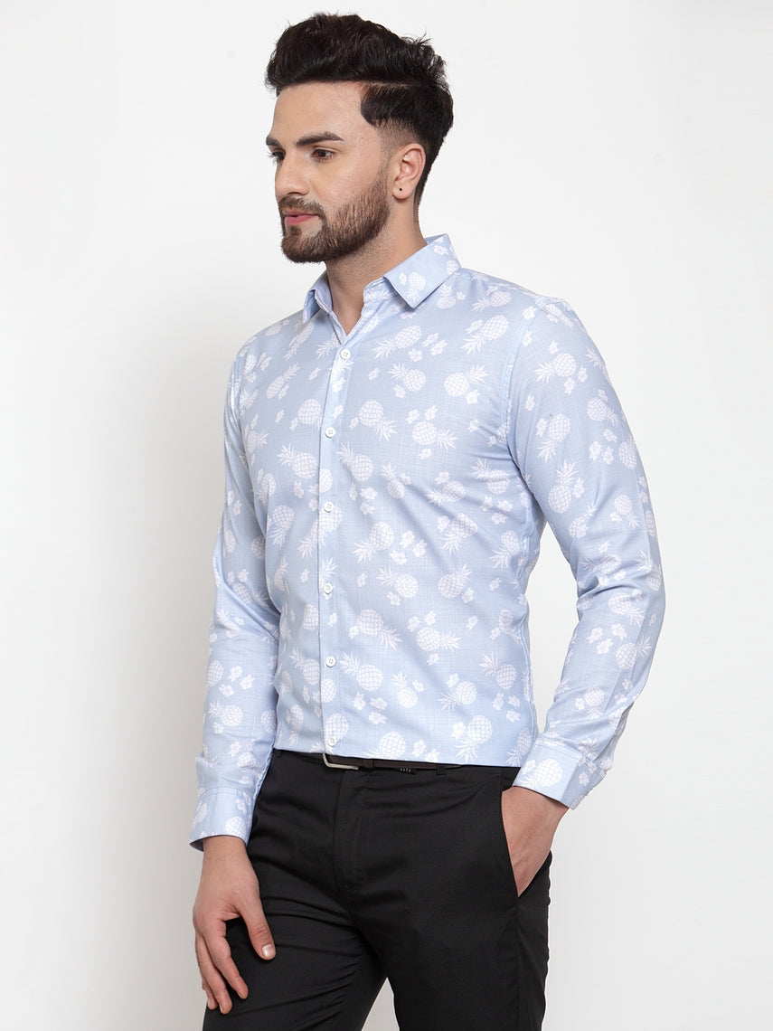 Men's Blue Cotton Printed Formal Shirt's ( SF 751Sky ) - Jainish
