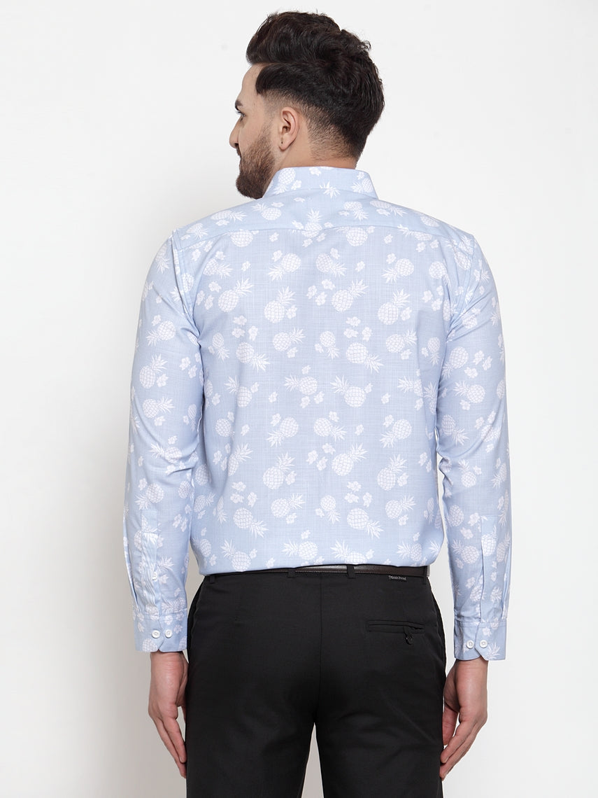 Men's Blue Cotton Printed Formal Shirt's ( SF 751Sky ) - Jainish