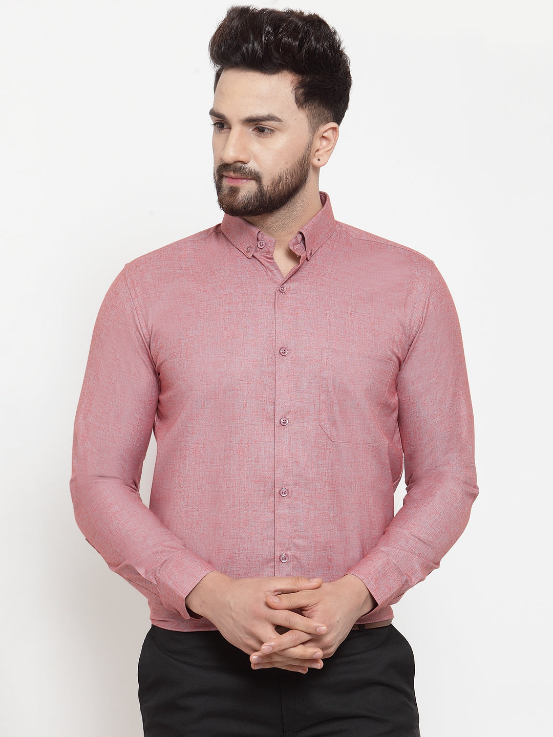 Men's Coral Cotton Solid Button Down Formal Shirts ( SF 753Coral ) - Jainish