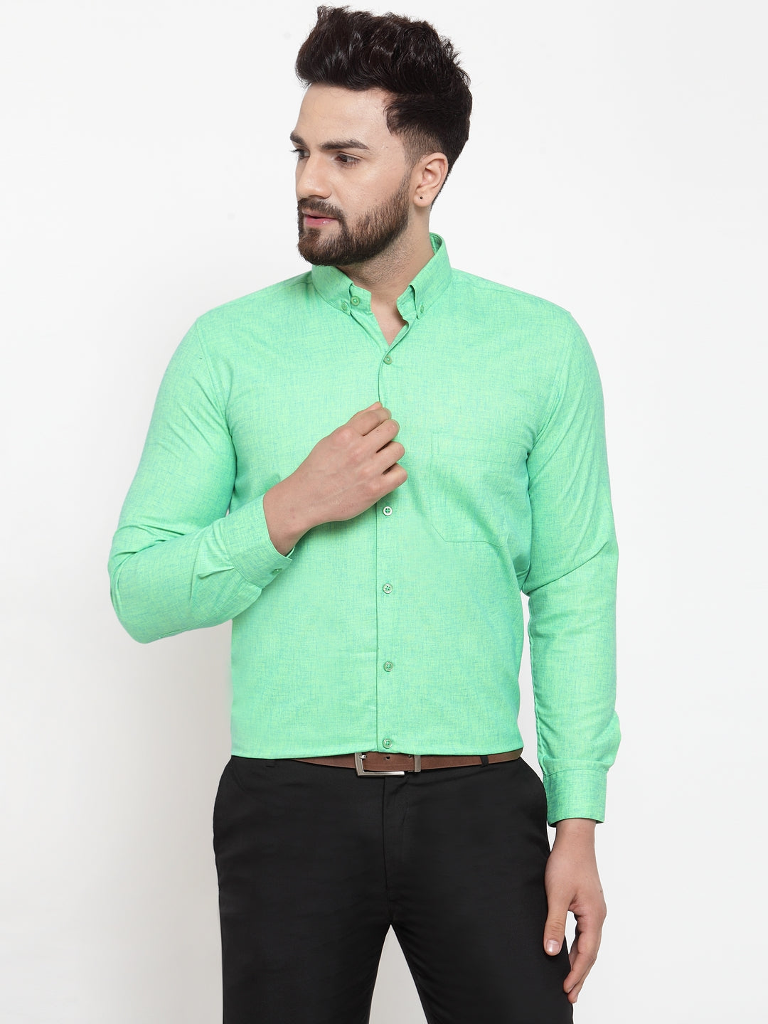Men's Green Cotton Solid Button Down Formal Shirts ( SF 753Green ) - Jainish