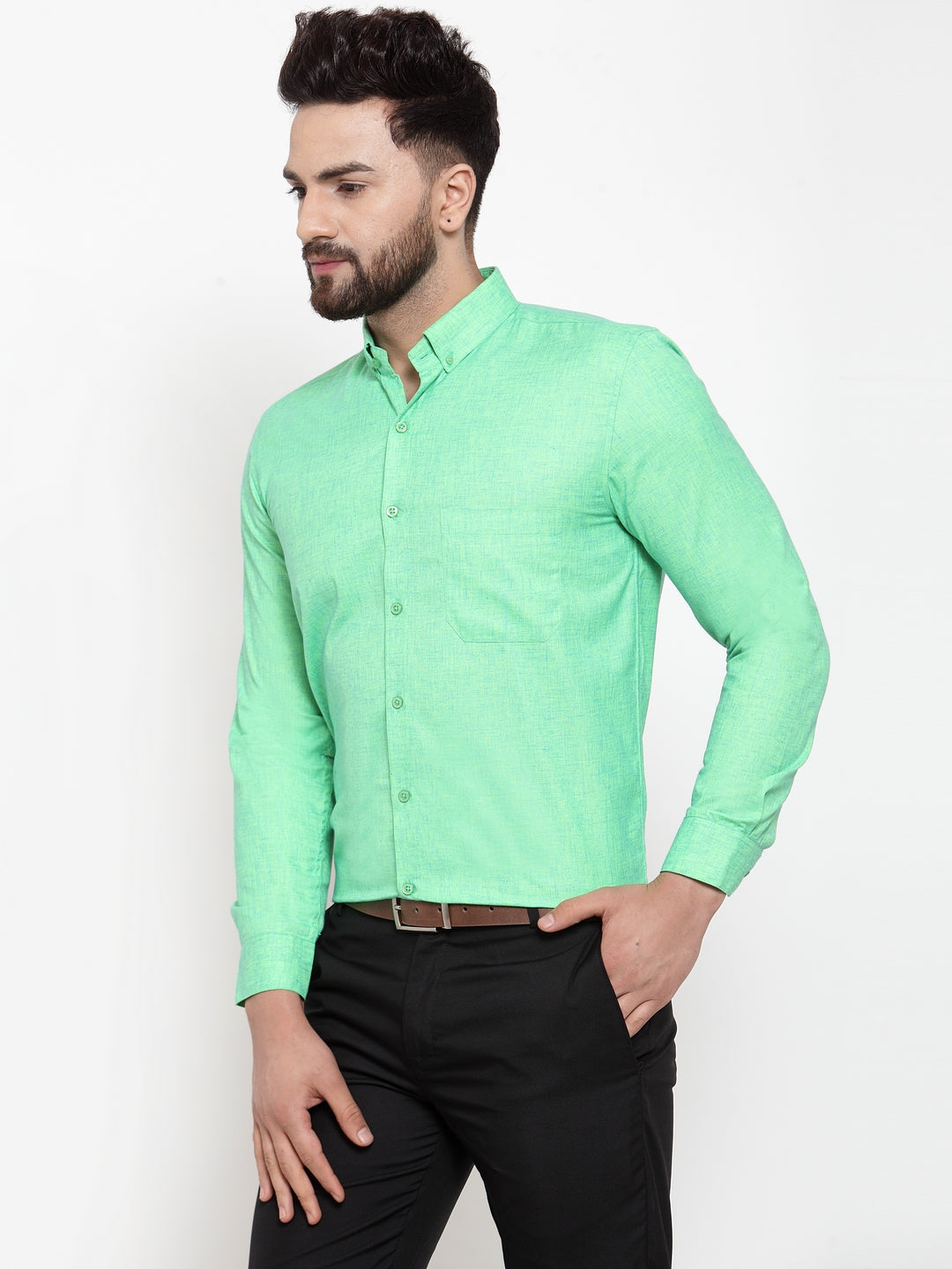 Men's Green Cotton Solid Button Down Formal Shirts ( SF 753Green ) - Jainish
