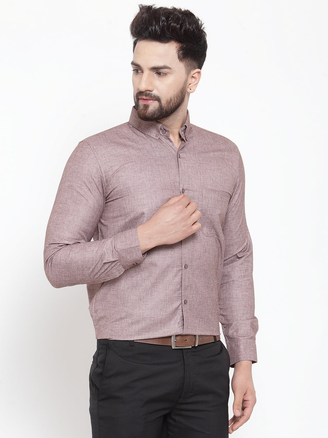 Men's Brown Cotton Solid Button Down Formal Shirts ( SF 753Mauve ) - Jainish