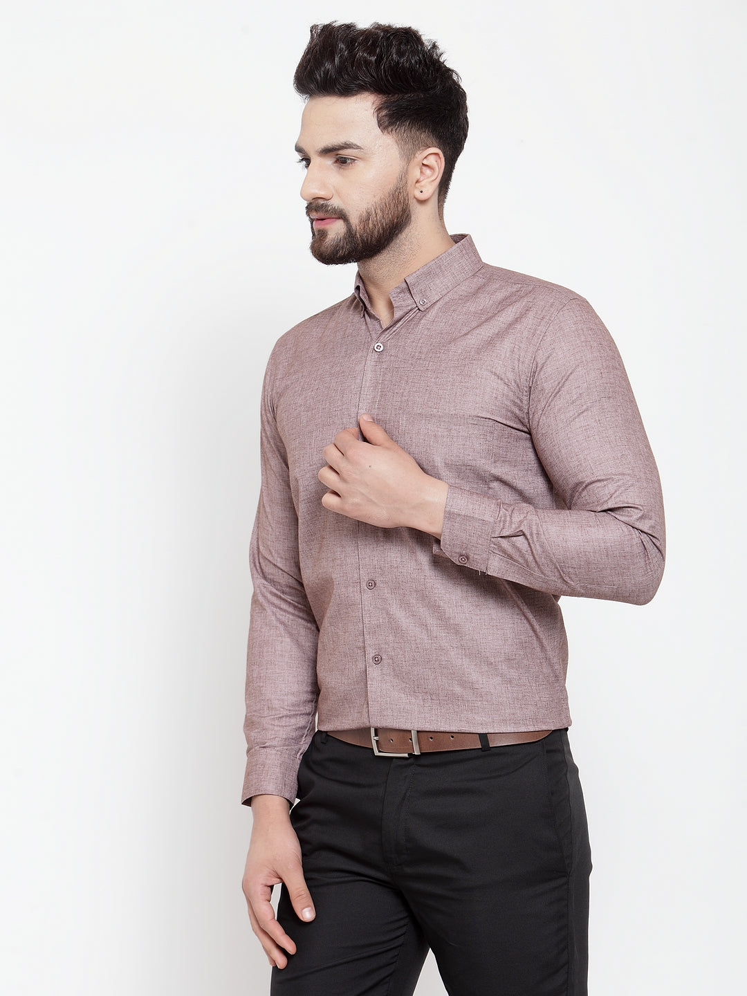 Men's Brown Cotton Solid Button Down Formal Shirts ( SF 753Mauve ) - Jainish