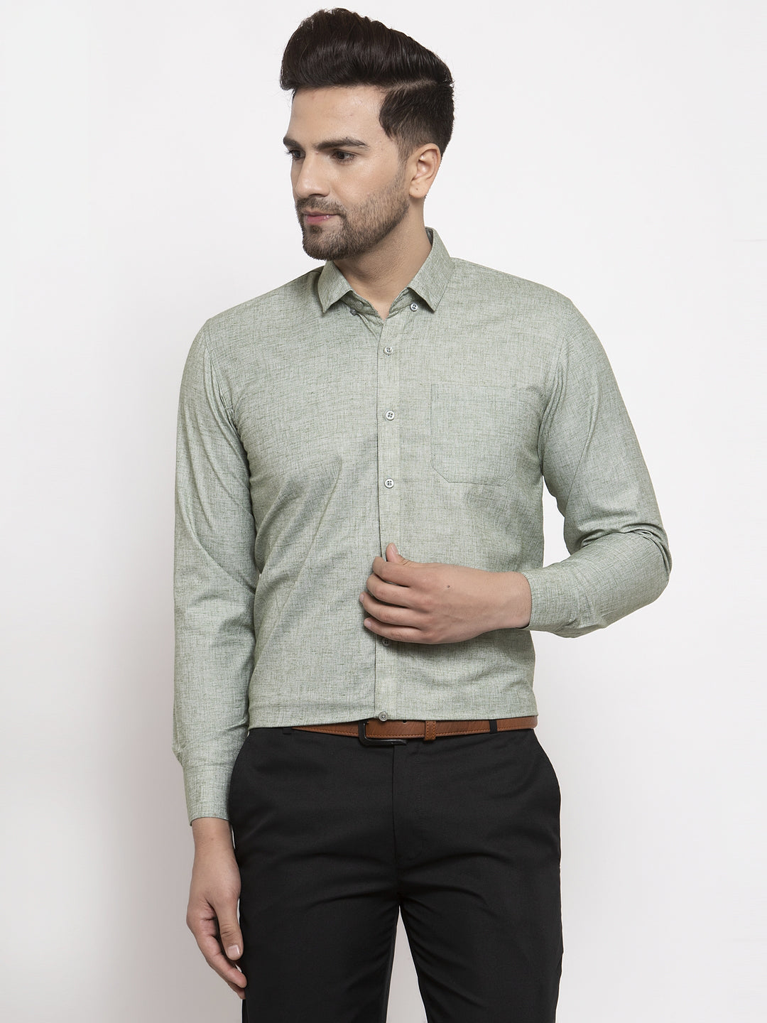 Men's Green Cotton Solid Button Down Formal Shirts ( SF 753Pista ) - Jainish