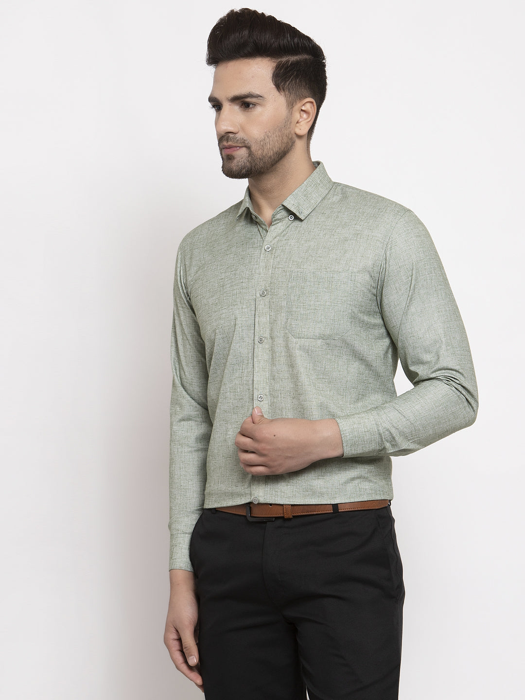 Men's Green Cotton Solid Button Down Formal Shirts ( SF 753Pista ) - Jainish
