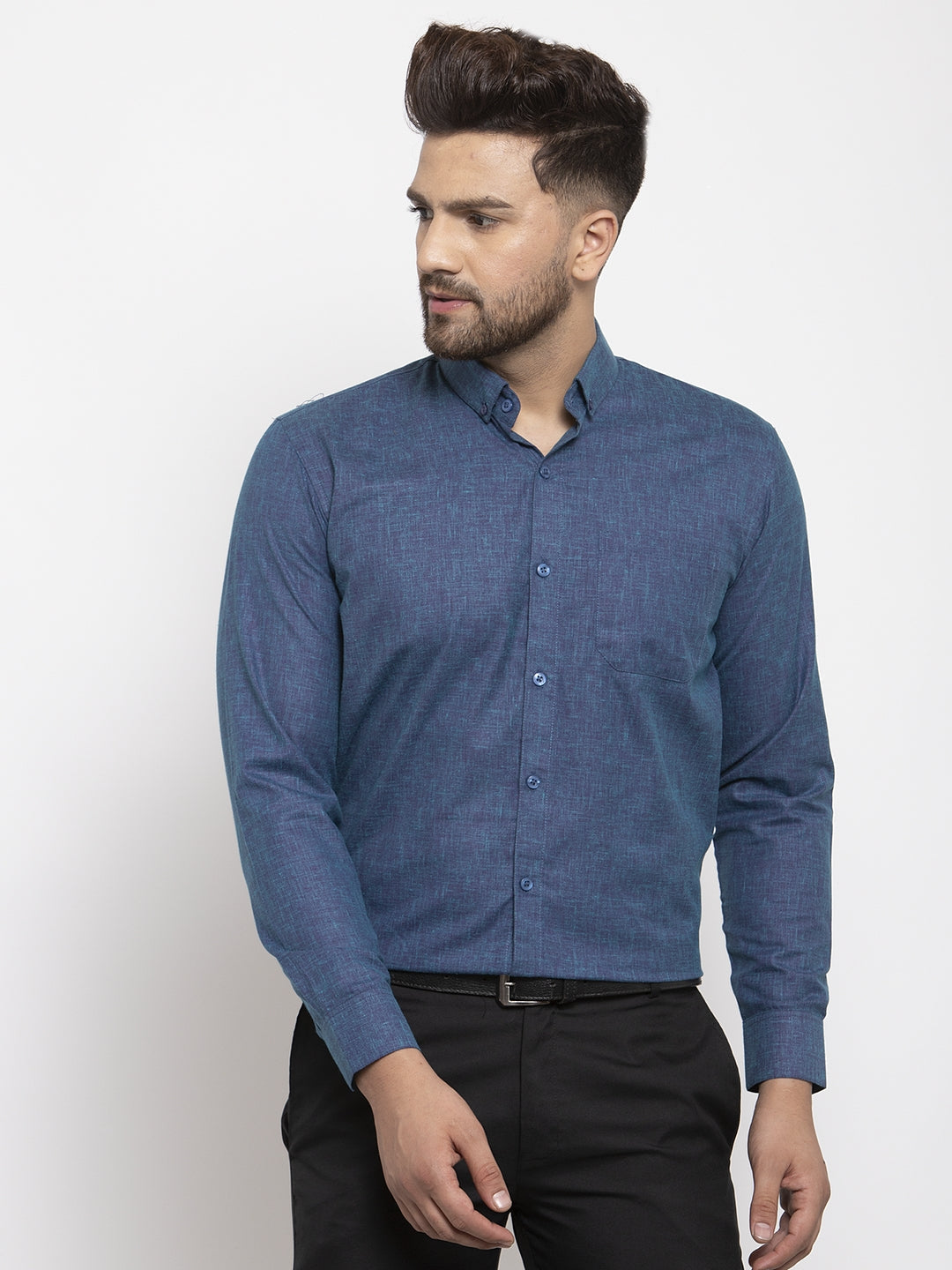 Men's Blue Cotton Solid Button Down Formal Shirts ( SF 753Teal ) - Jainish
