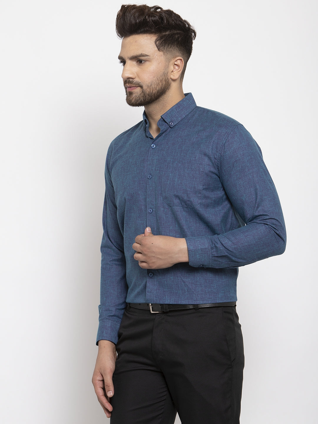Men's Blue Cotton Solid Button Down Formal Shirts ( SF 753Teal ) - Jainish